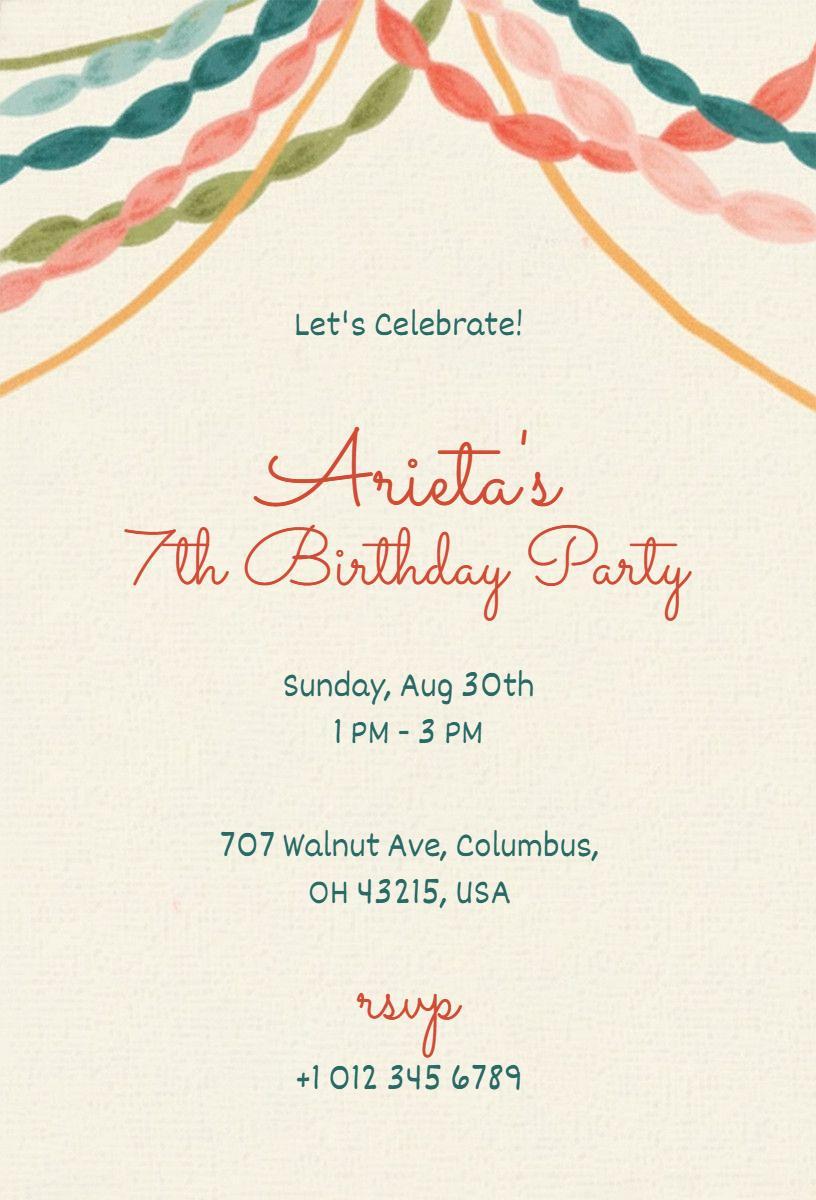 Whimsical Colorful 7th Birthday Party Celebration Invitation Template