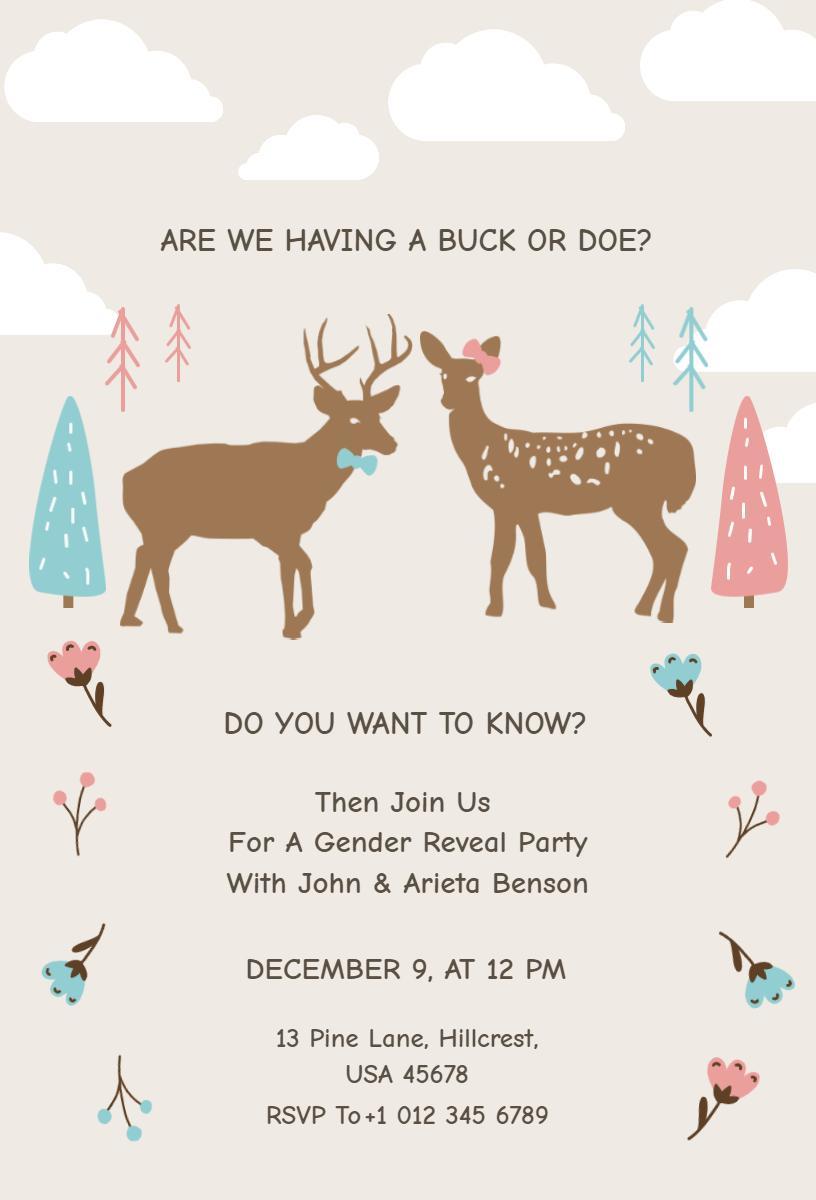 Whimsical Deer Buck or Doe Gender Reveal Invitation Template