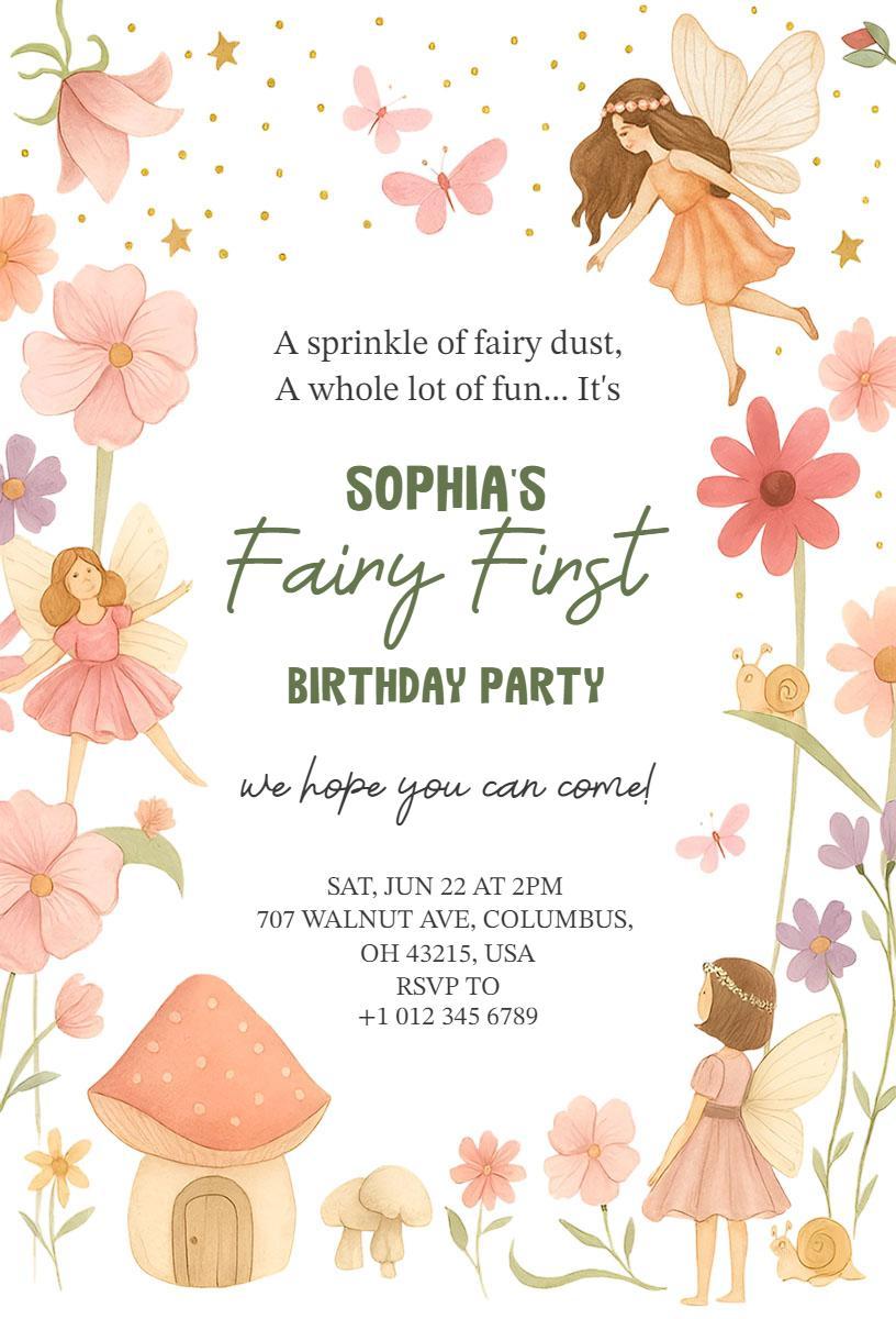 Whimsical Fairy Theme First Birthday Celebration Invitation Template