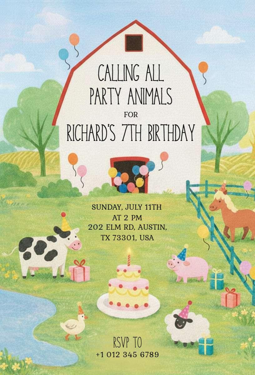 Whimsical Farm Animals Fun Birthday Celebration Invitation Template