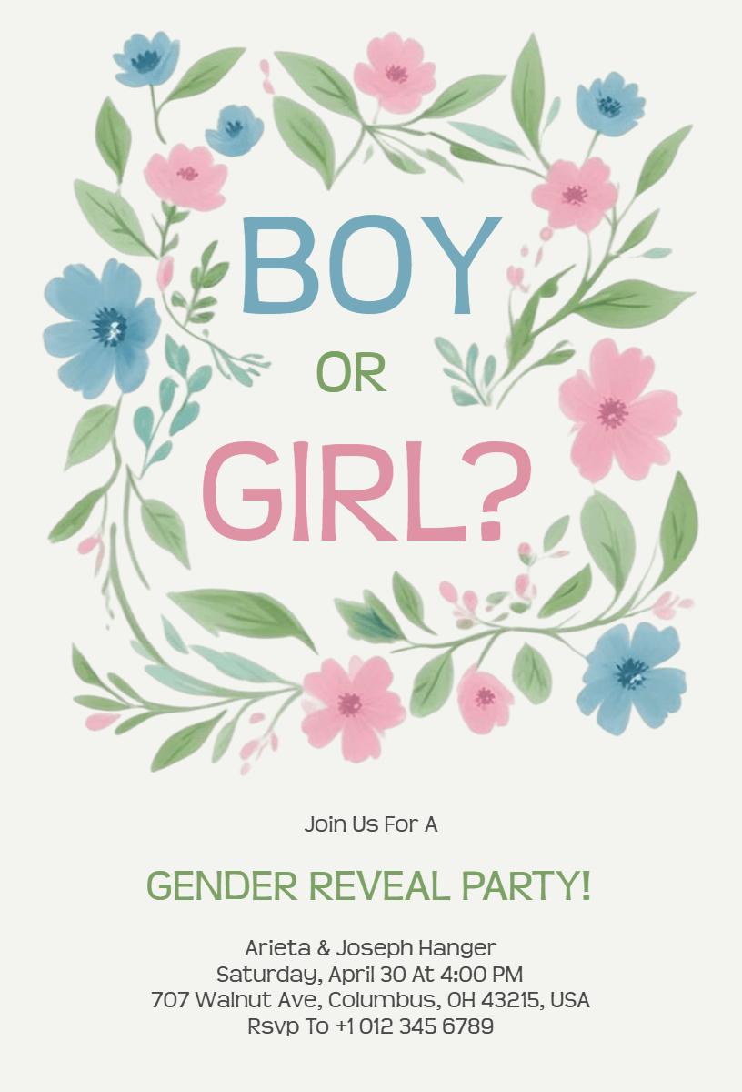 Whimsical Floral Gender Reveal Party Invitation Template