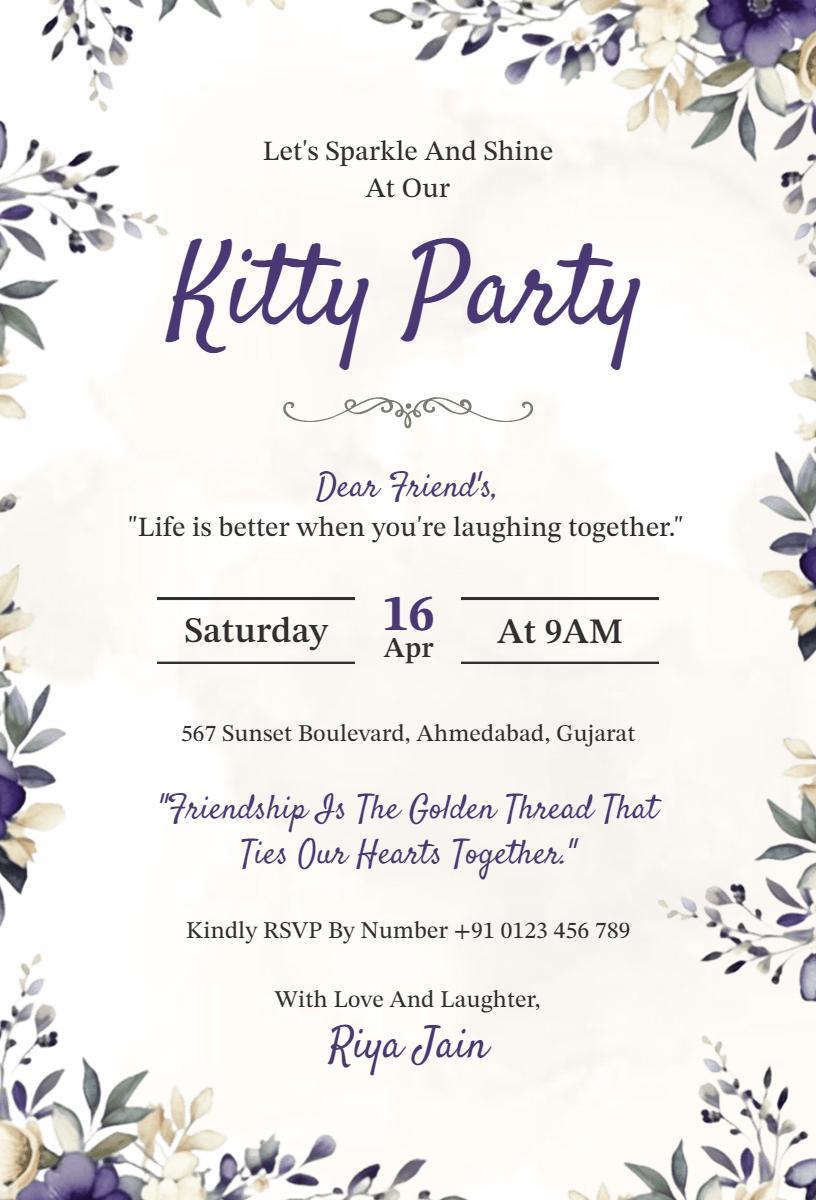 Whimsical Floral Kitty Party Friendship Gathering Invitation Template