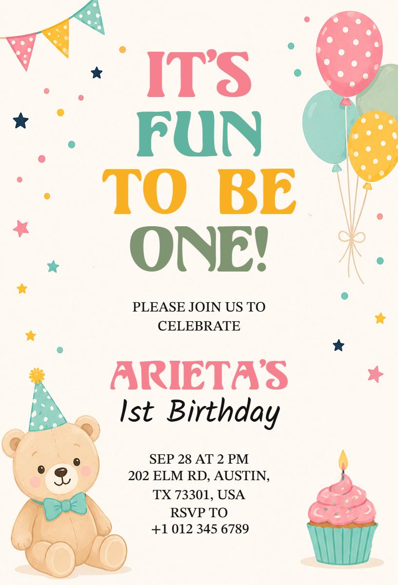 Whimsical Fun Bear Colorful 1st Birthday Invitation Template