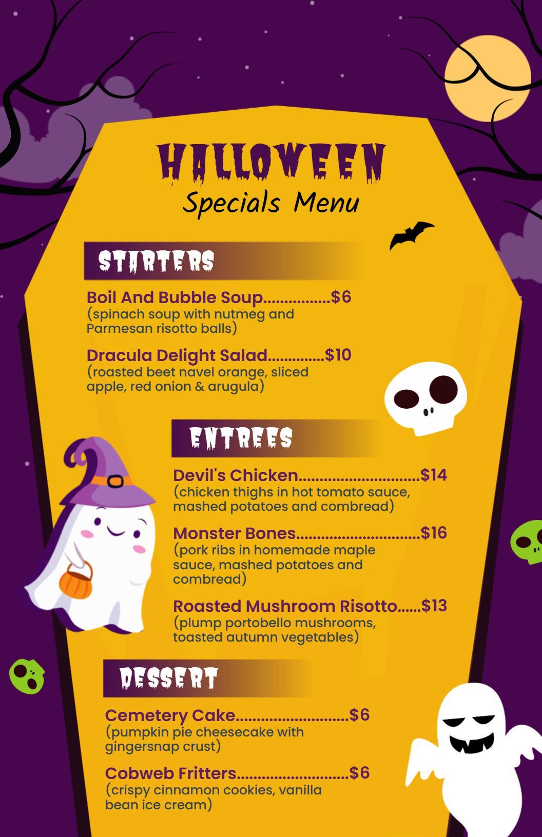 Whimsical Ghost Illustrations Halloween Cuisine Menu Template