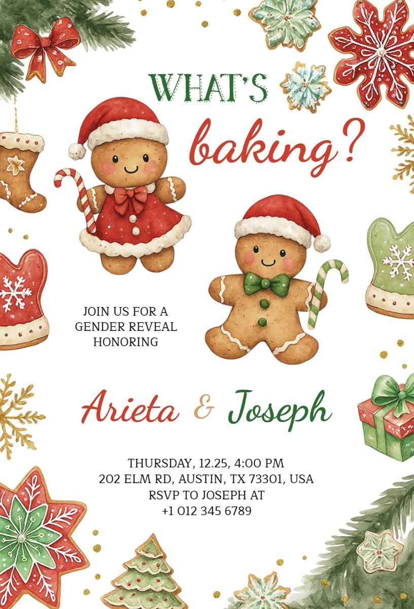 Whimsical Gingerbread Gender Reveal Christmas Invitation Template