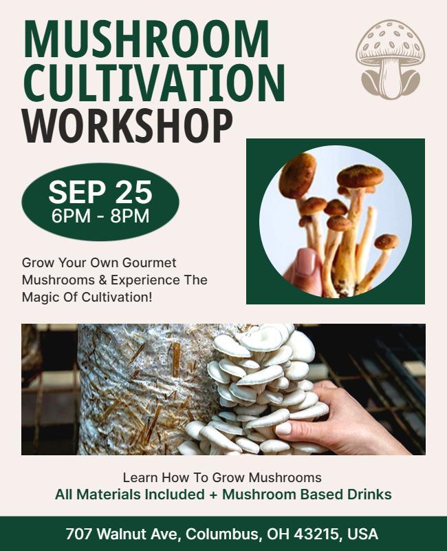Whimsical Green Mushroom Cultivation Workshop Poster Template