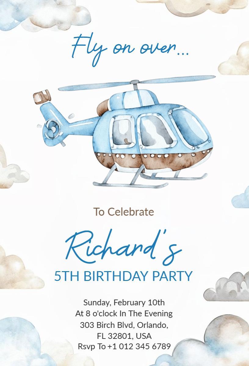 Whimsical Helicopter Adventure 5th Birthday Invitation Template