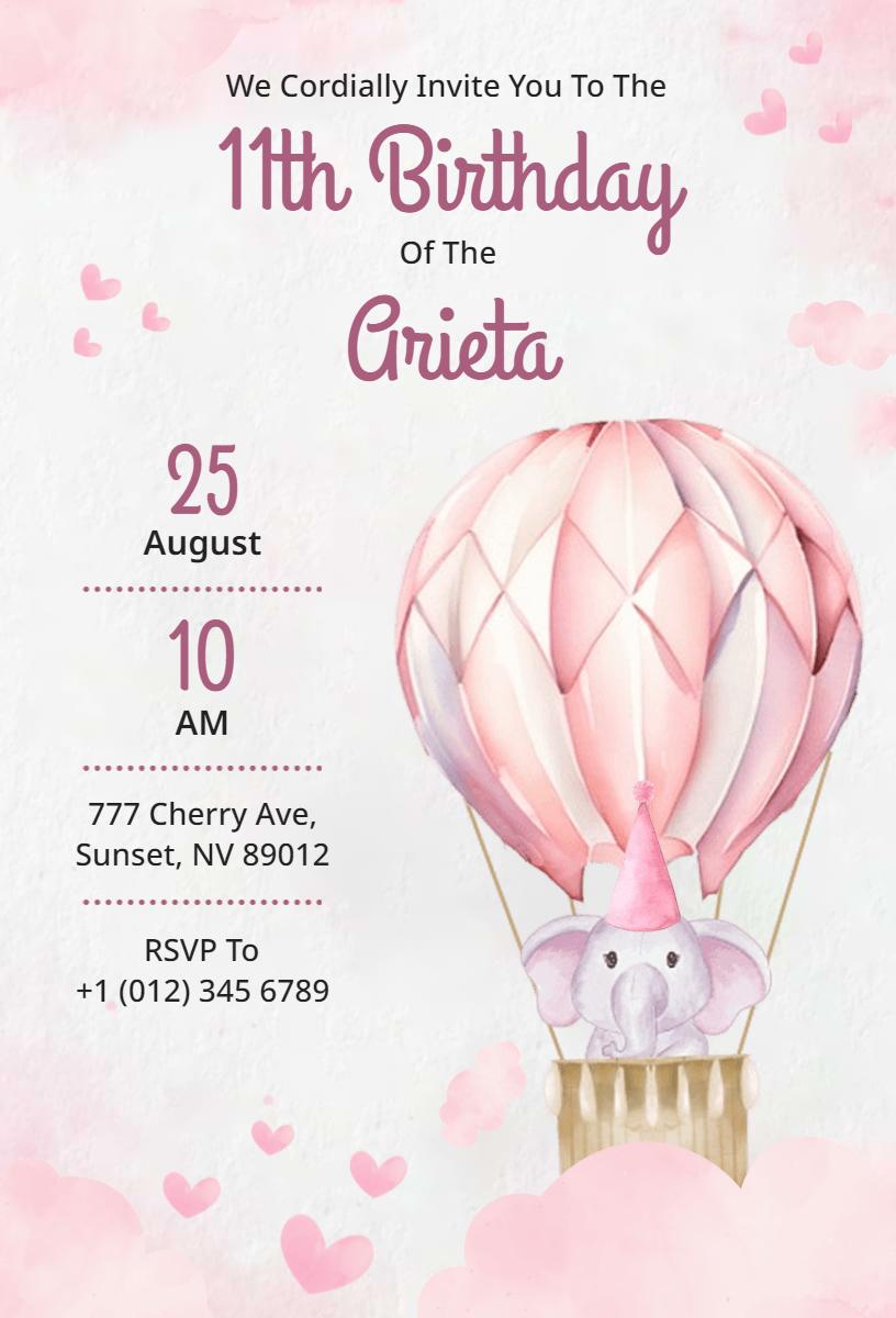 Whimsical Hot Air Balloon 11th Birthday Celebration Invitation Template
