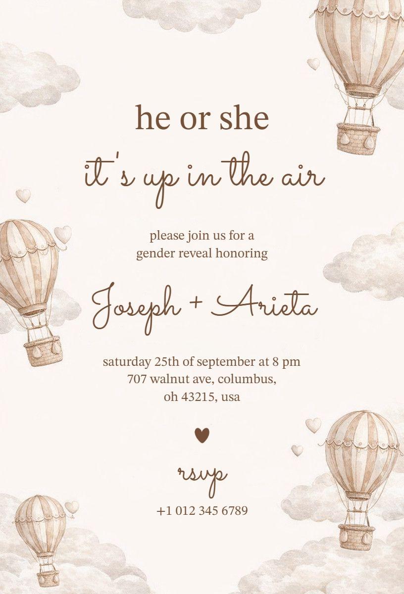 Whimsical Hot Air Balloon Gender Reveal Celebration Invitation Template
