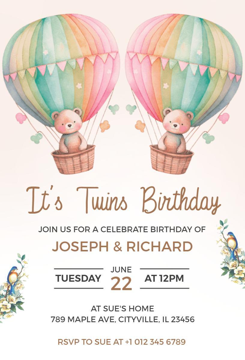 Whimsical Hot Air Balloon Twins Birthday Celebration Invitation Template