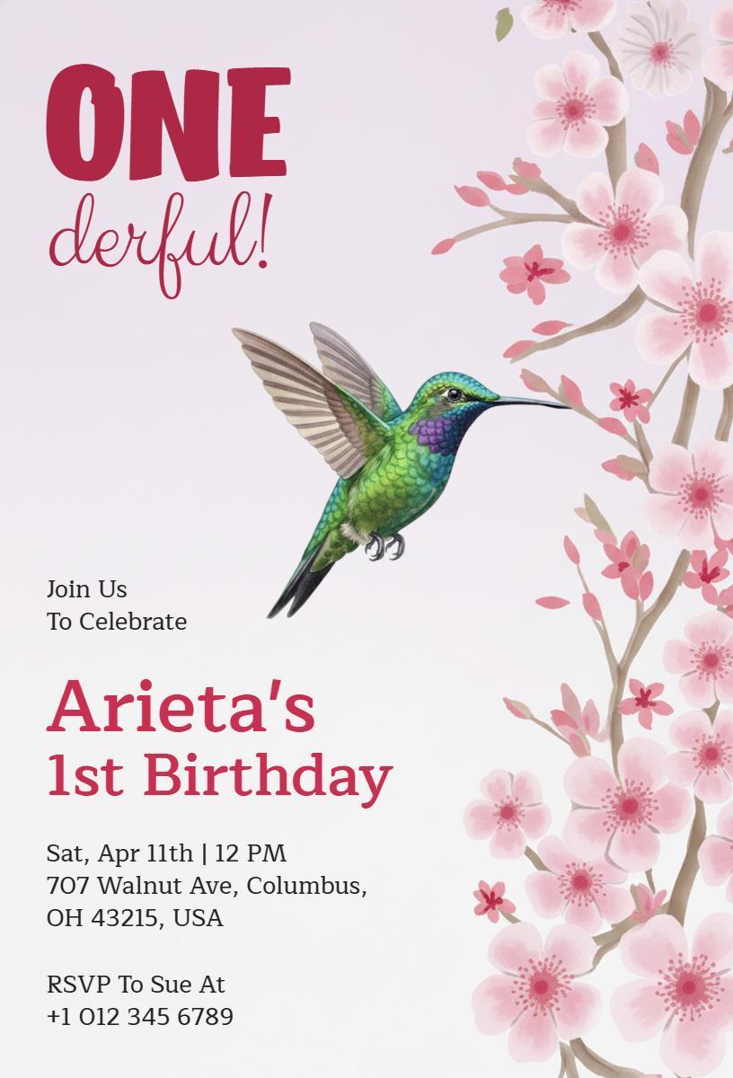 Whimsical Hummingbird 1st Birthday Celebration Invitation Template