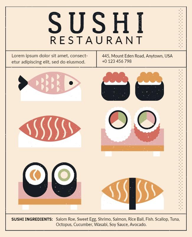 Whimsical Illustrated Sushi Restaurant Menu Poster Template