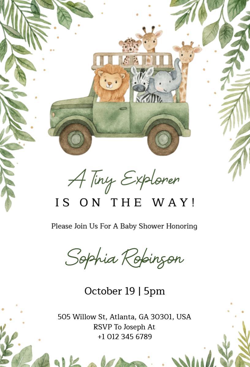 Whimsical Jungle Safari Adventure Baby Shower Invitation Template