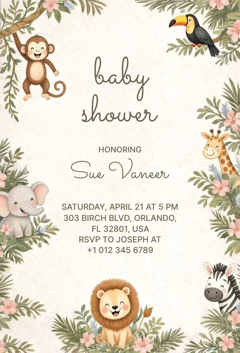 Whimsical Jungle Safari Baby Shower Celebration Invitation Template