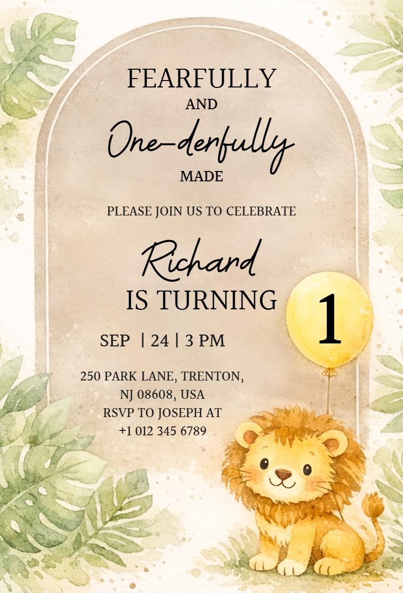 Whimsical Lion Jungle 1st Birthday Celebration Invitation Template