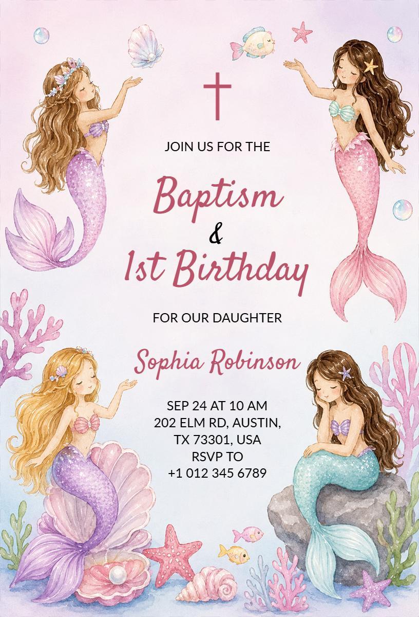 Whimsical Mermaid Baptism First Birthday Celebration Invitation Template