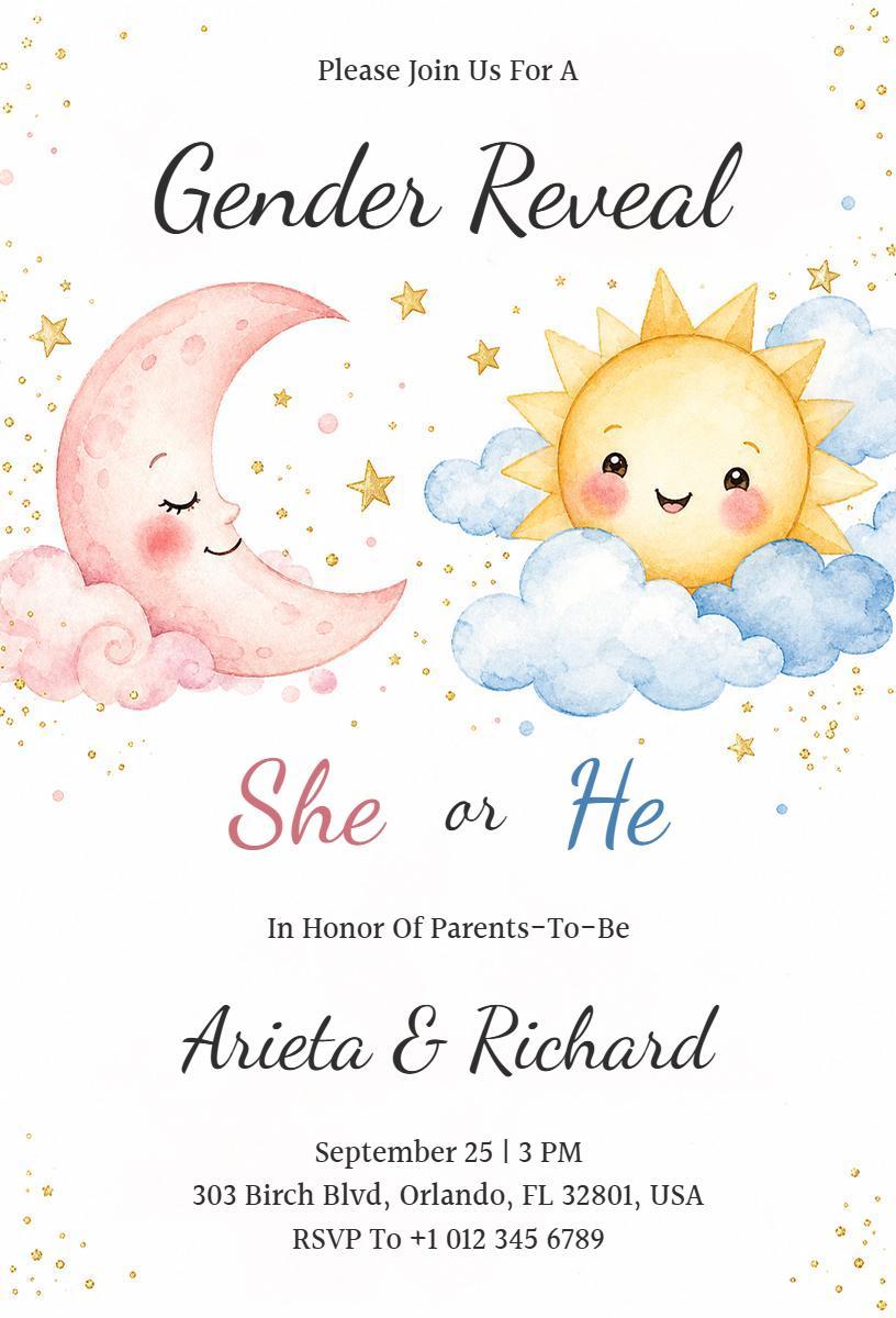 Whimsical Moon Sun Gender Reveal Celebration Invitation Template