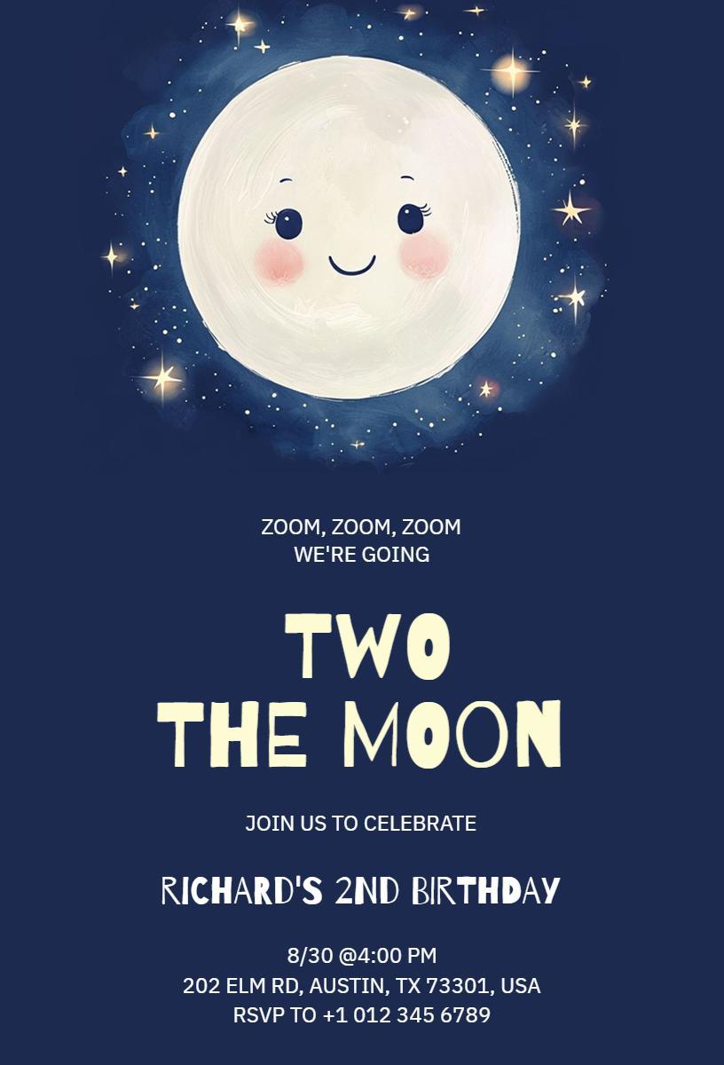 Whimsical Moon Two Years Old Birthday Celebration Invitation Template