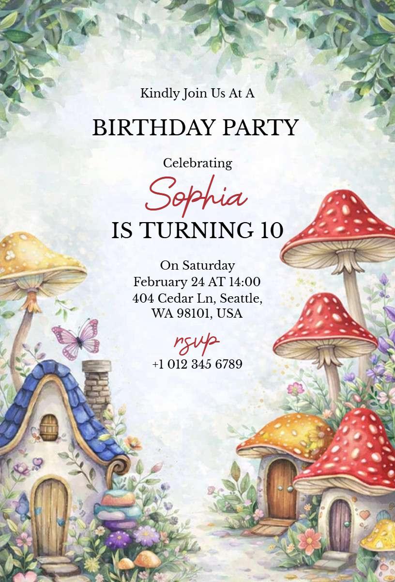Whimsical Mushroom Fairy Tale 10th Birthday Invitation Template