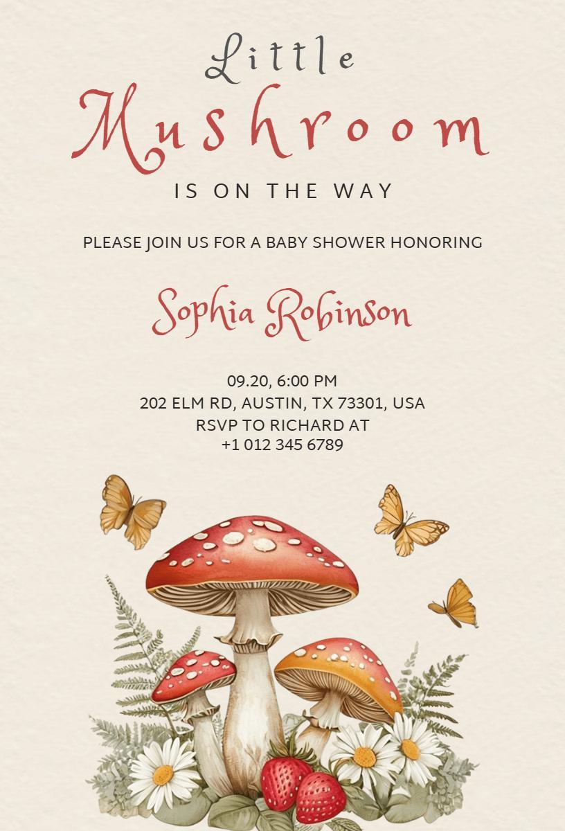 Whimsical Mushroom Nature-Themed Baby Shower Invitation Template