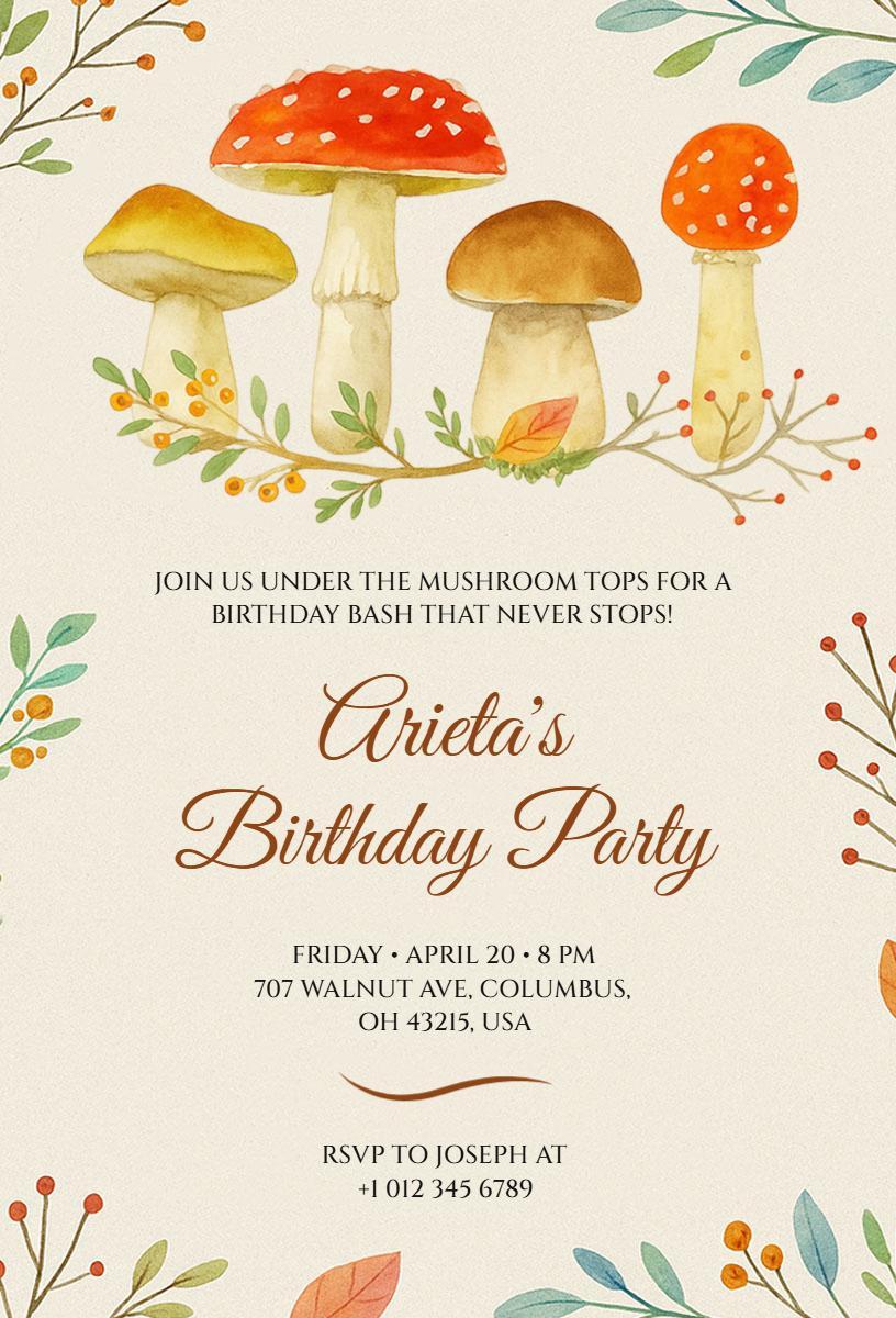 Whimsical Mushroom Theme Colorful Birthday Celebration Invitation Template