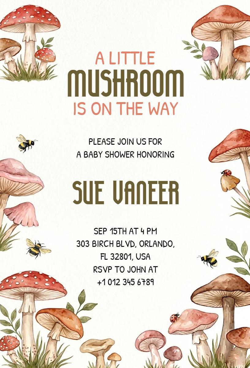 Whimsical Mushroom Themed Baby Shower Invitation Template