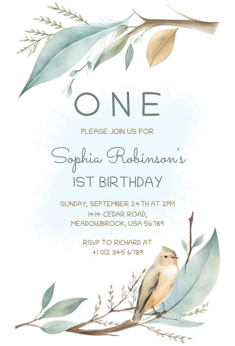 Whimsical Nature Theme 1st Birthday Celebration Invitation Template