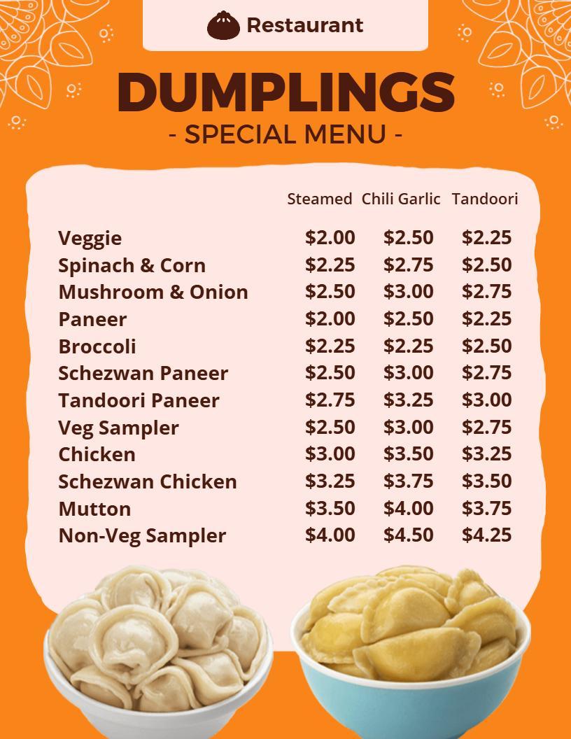 Whimsical Orange Dumplings Restaurant Special Menu Template