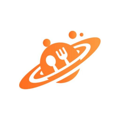 Whimsical Orange Planet with Fork and Spoon Restaurant Logo Template
