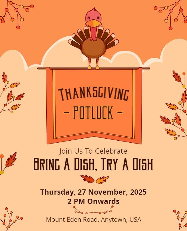 Whimsical Orange Thanksgiving Potluck Celebration Flyer Template