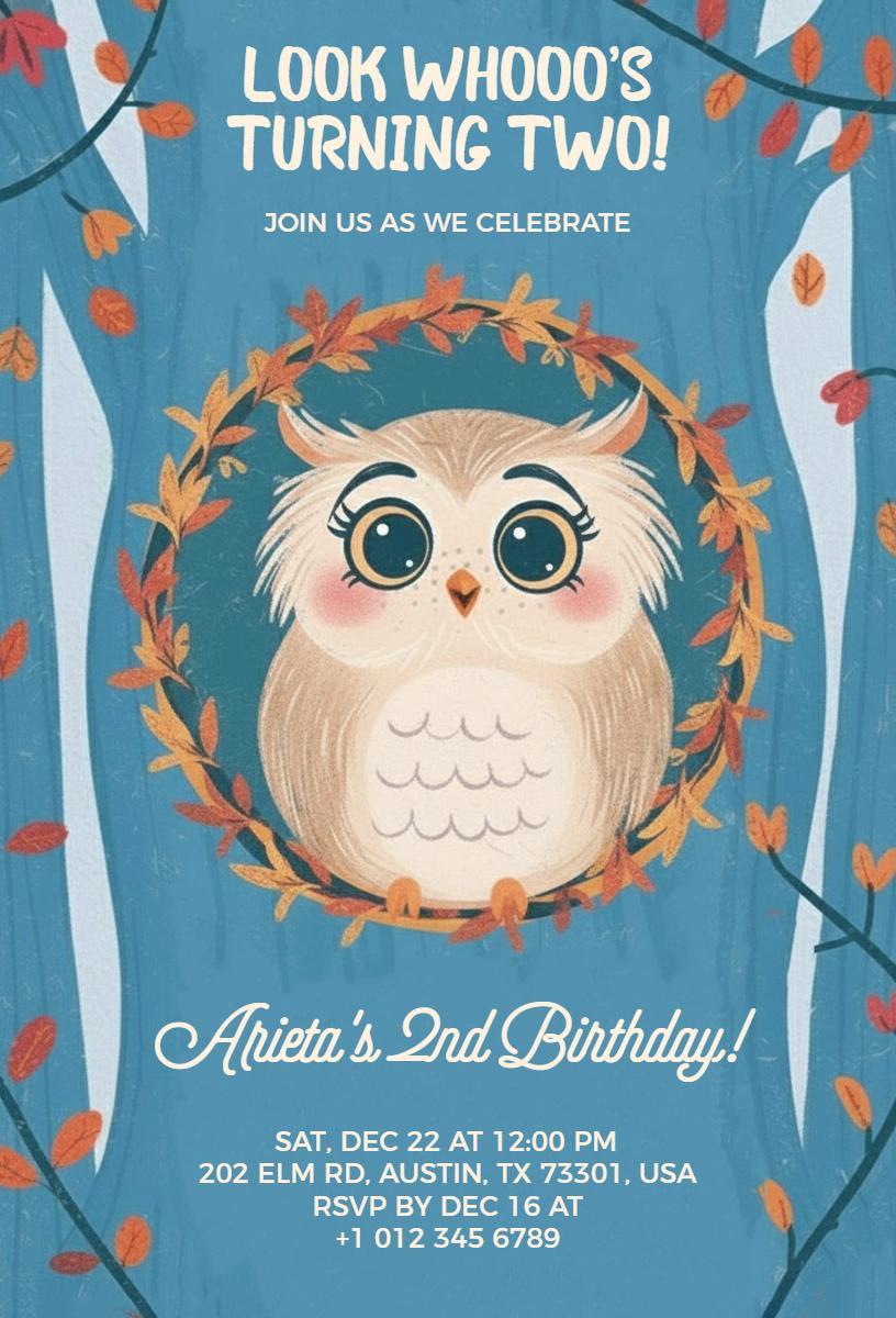 Whimsical Owl Forest Theme 2nd Birthday Invitation Template
