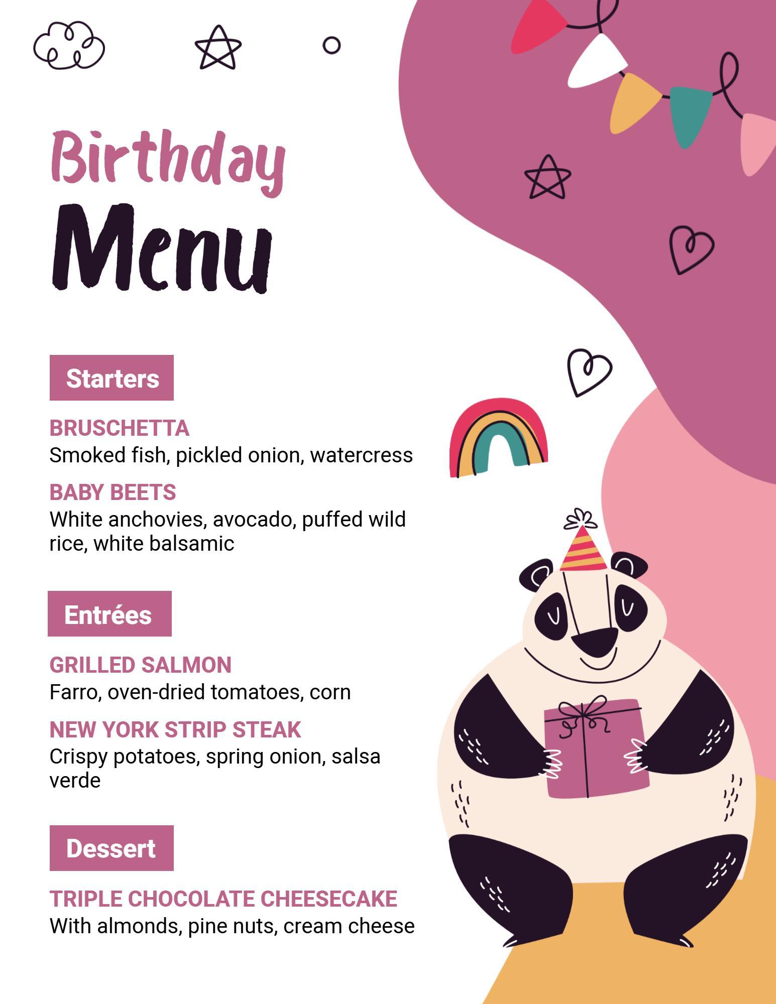 Whimsical Panda-Themed Starters and Desserts Birthday Menu Template