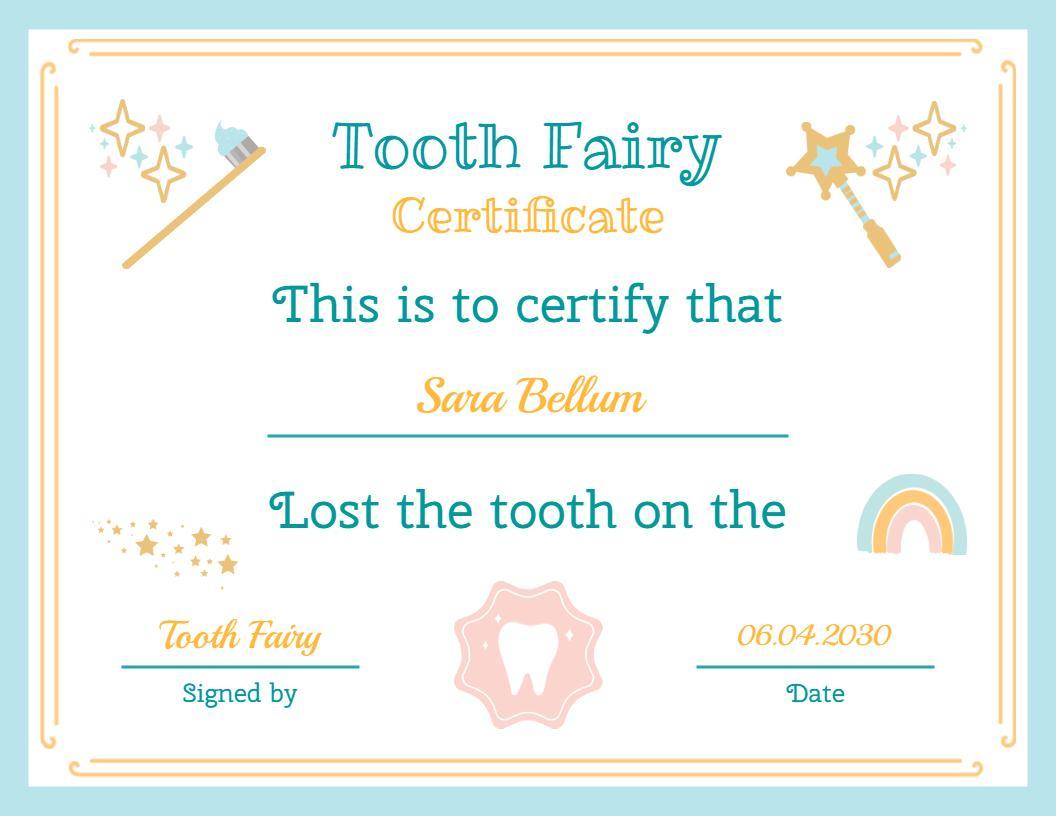 Whimsical Pastel Tooth Fairy Loss Certificate Template