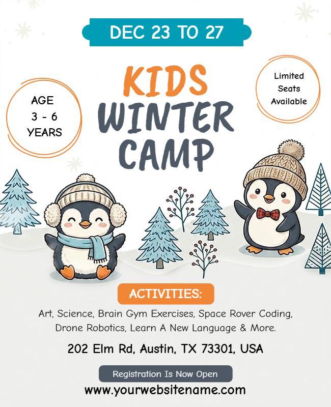 Whimsical Penguin-Themed Kids Winter Camp Flyer Template