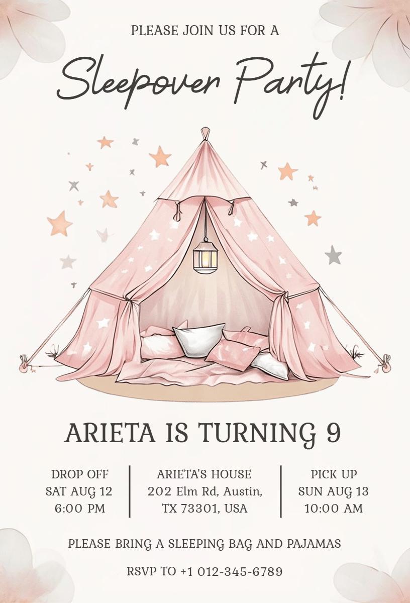 Whimsical Pink Tent Sleepover Party Celebration Invitation Template
