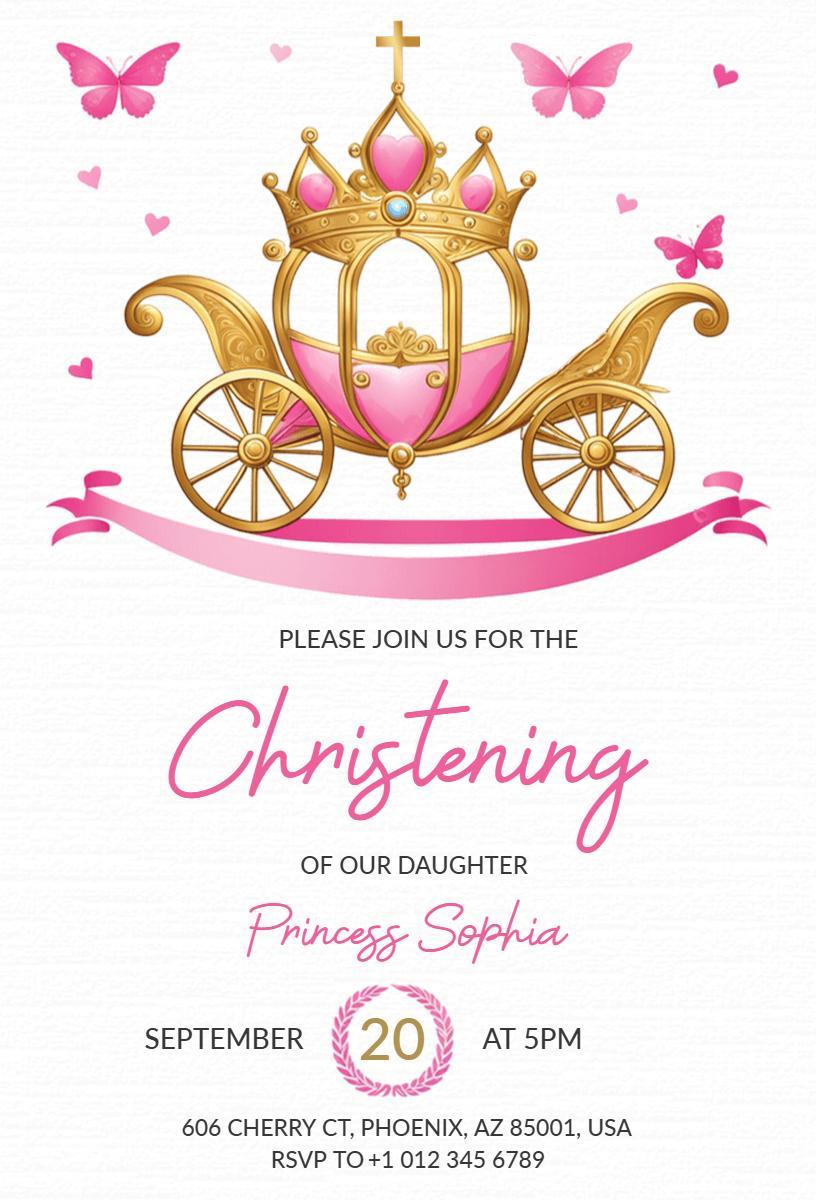 Whimsical Princess Carriage Pink Christening Invitation Template