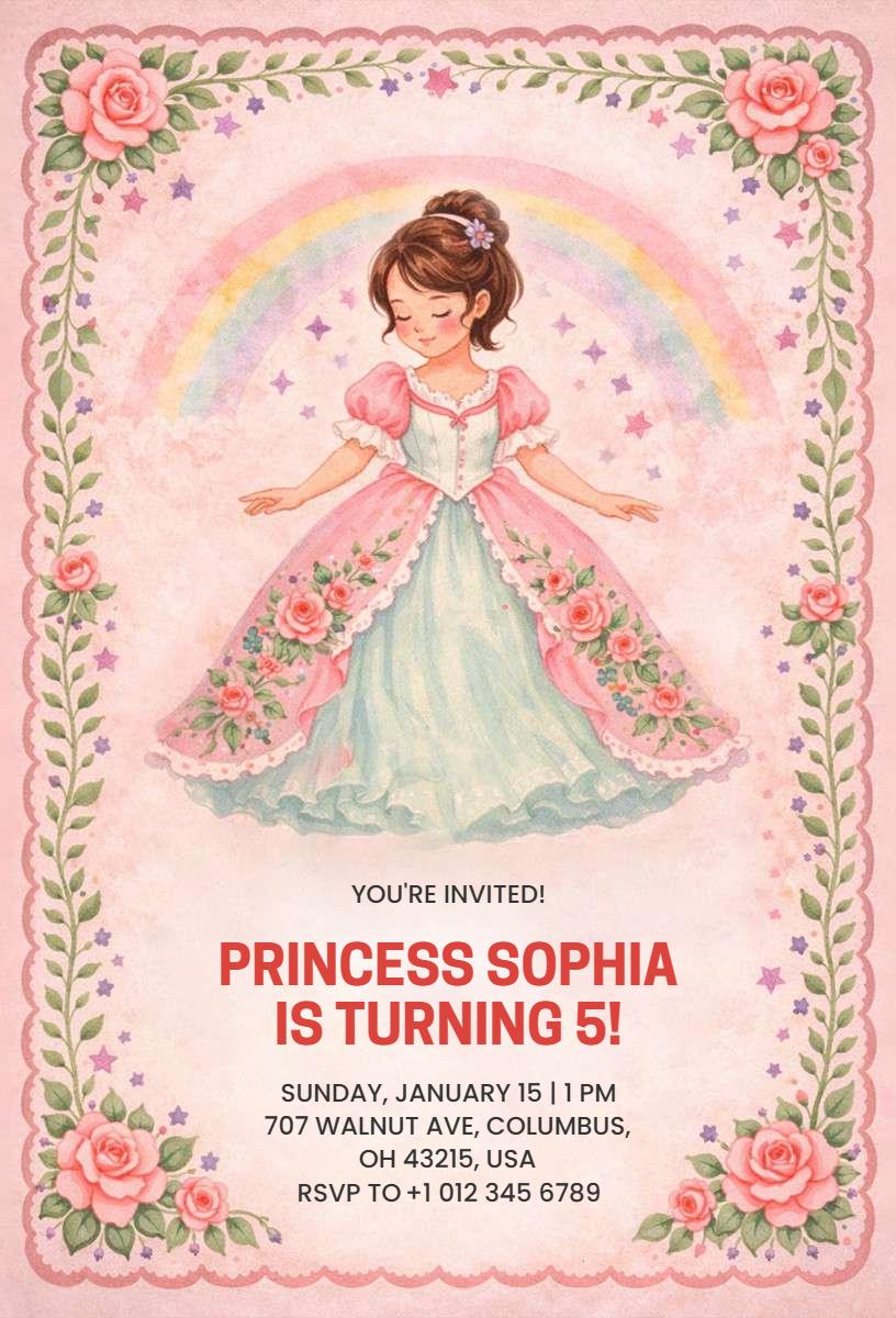 Whimsical Princess Theme Enchanted Birthday Celebration Invitation Template