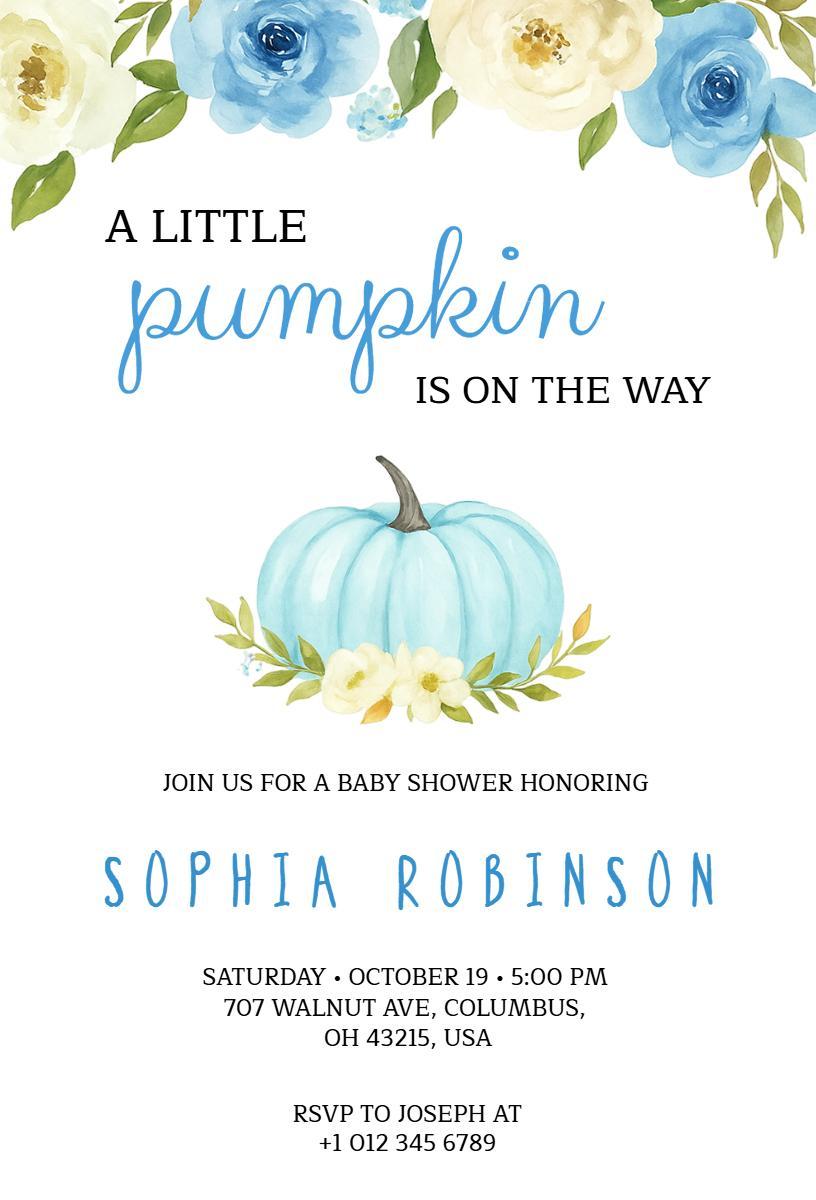 Whimsical Pumpkin Blue Floral Fall Baby Shower Invitation Template