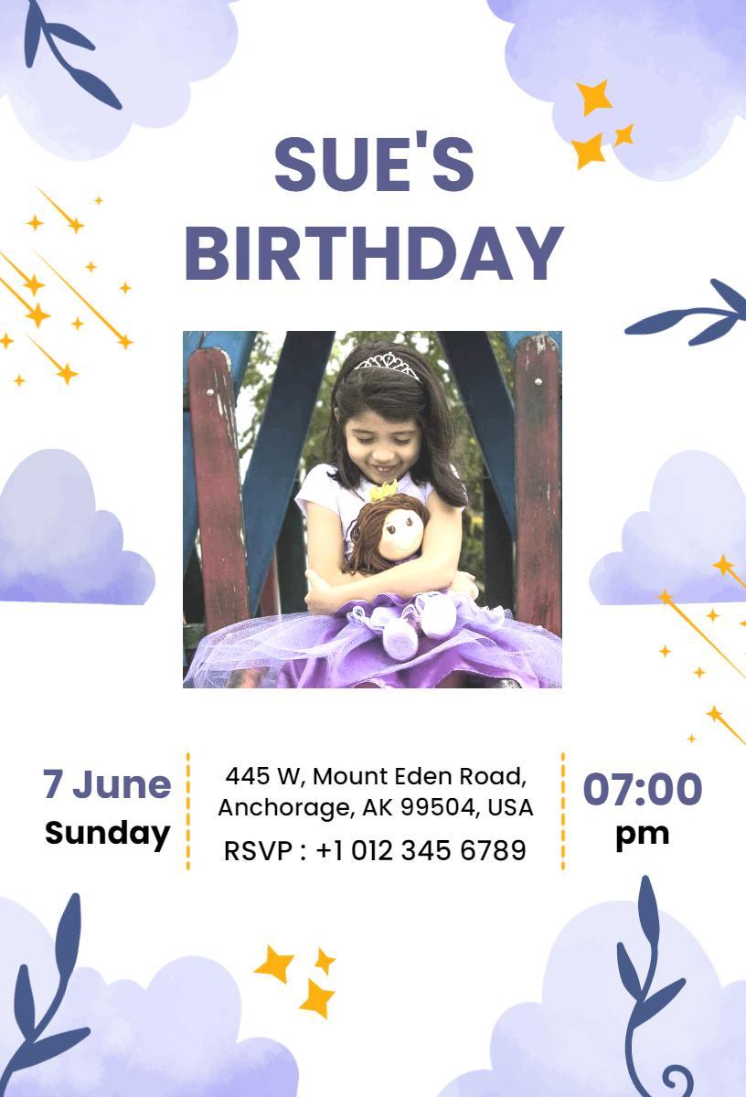 Whimsical Purple Cloud Photo Birthday Celebration Invitation Template