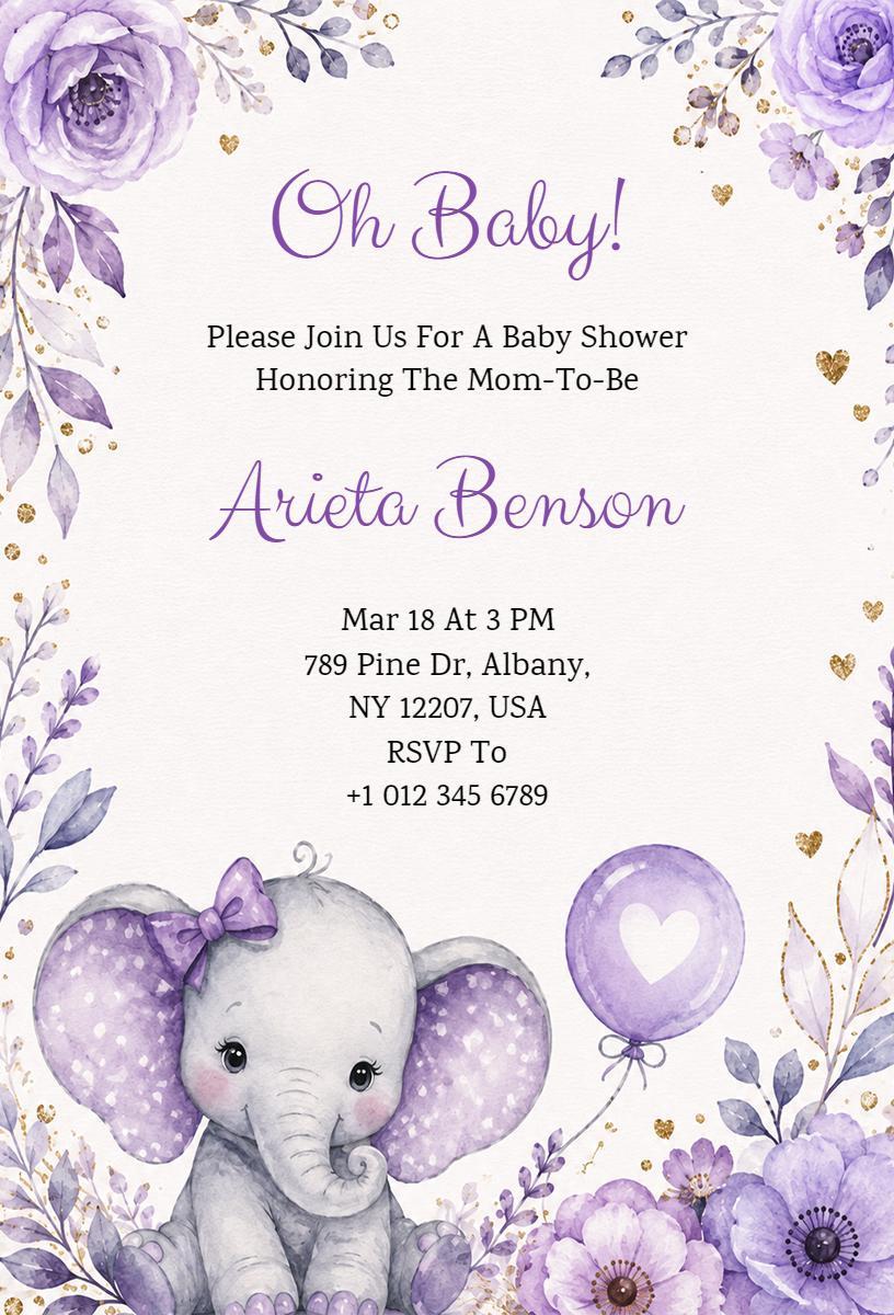 Whimsical Purple Elephant Baby Shower Celebration Invitation Template