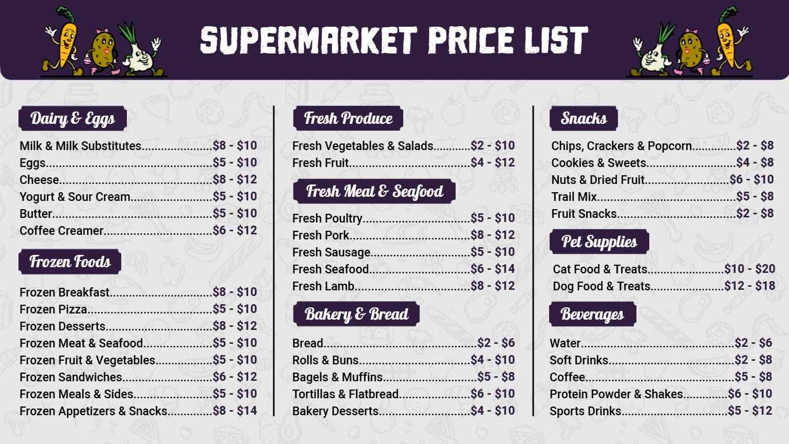 Whimsical Purple Supermarket Price List Template