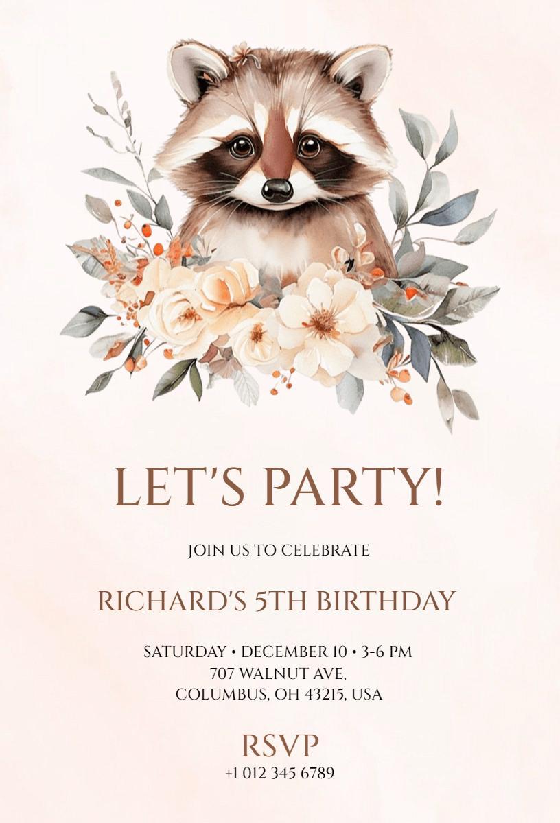 Whimsical Safari Raccoon 5th Birthday Celebration Invitation Template