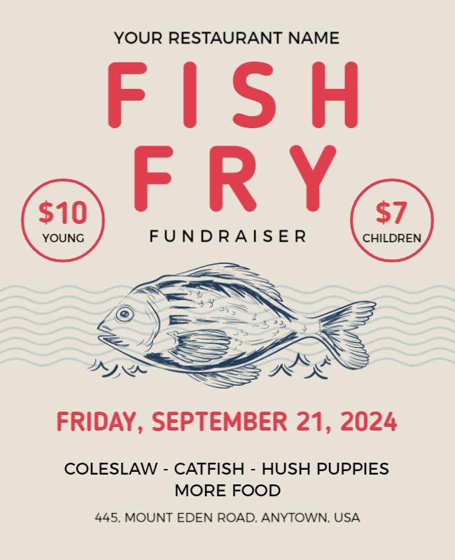 Whimsical Seafood Illustration for Fish Fry Fundraiser Flyer Template
