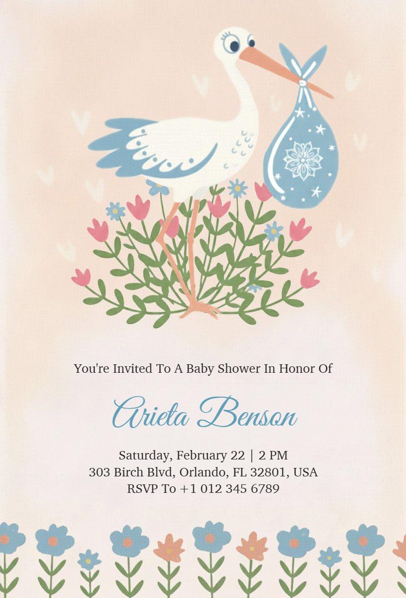Whimsical Stork Theme Baby Shower Celebration Invitation Template