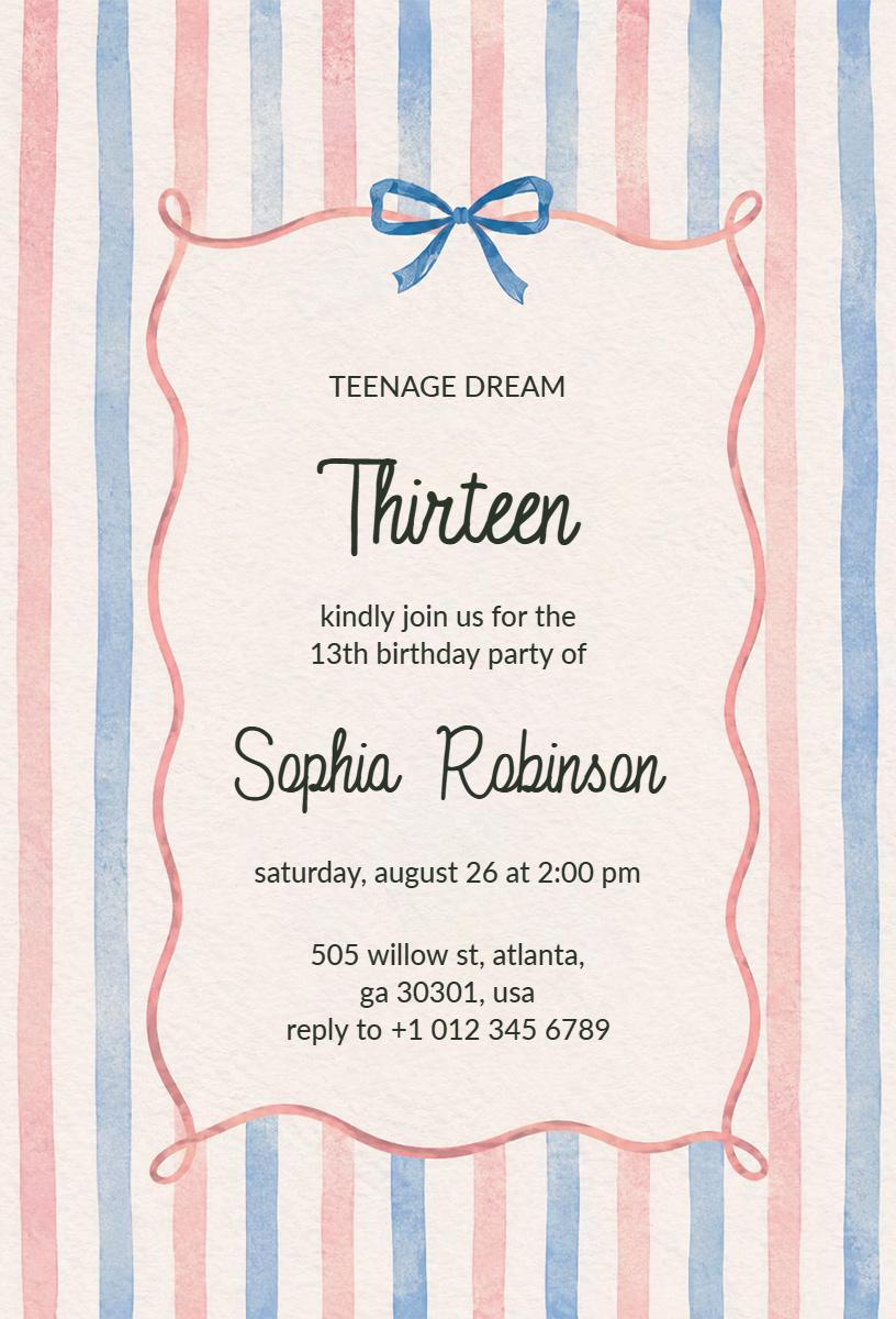 Whimsical Teenage Dream 13th Birthday Celebration Invitation Template