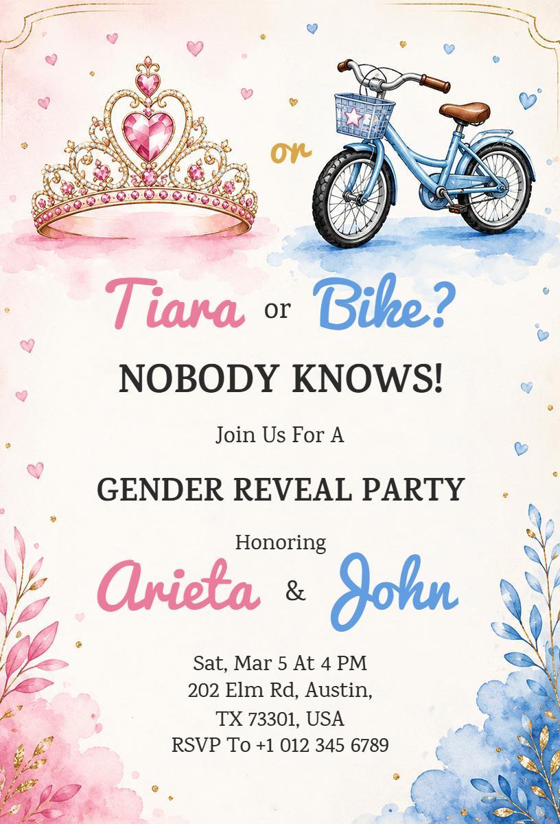 Whimsical Tiara or Bike Gender Reveal Party Invitation Template