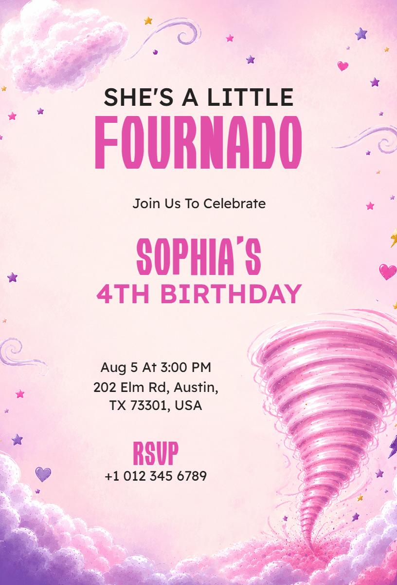 Whimsical Tornado Theme 4th Birthday Celebration Invitation Template