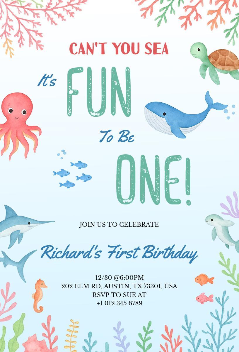 Whimsical Under the Sea 1st Birthday Celebration Invitation Template