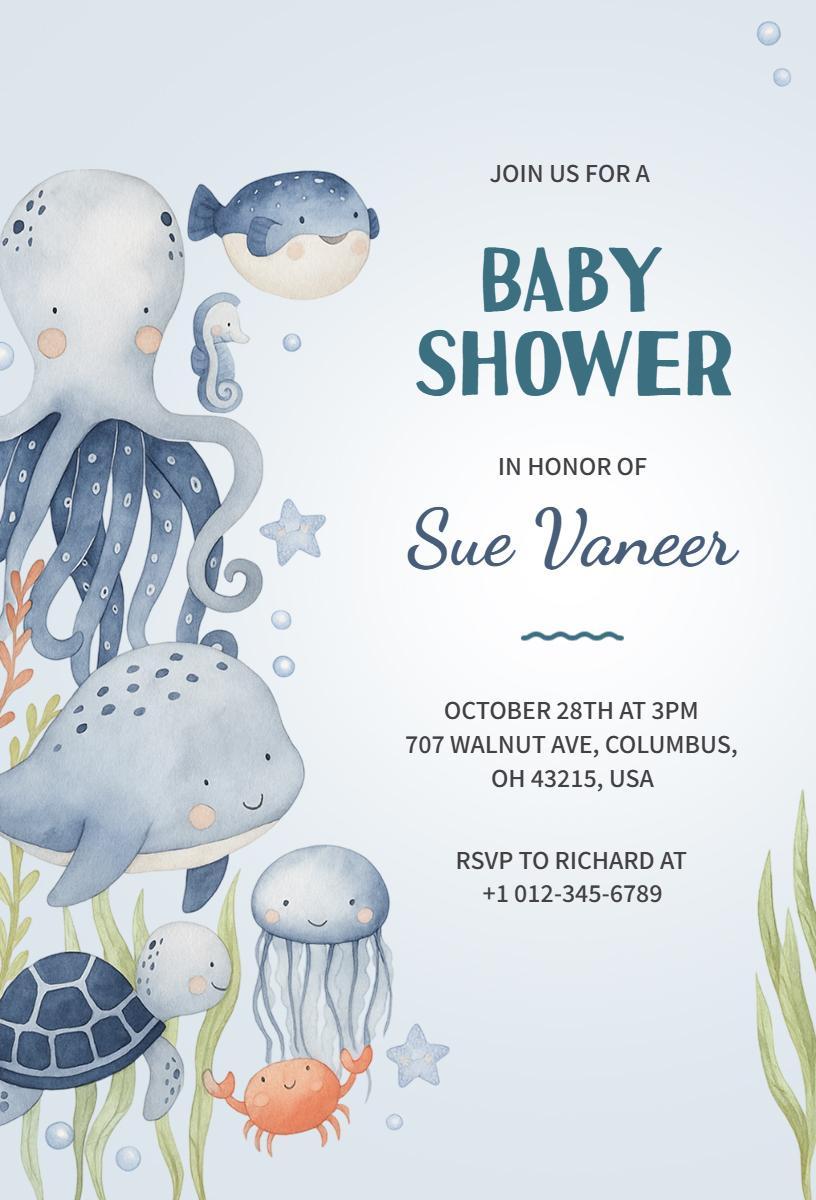 Whimsical Underwater Ocean Theme Baby Shower Invitation Template