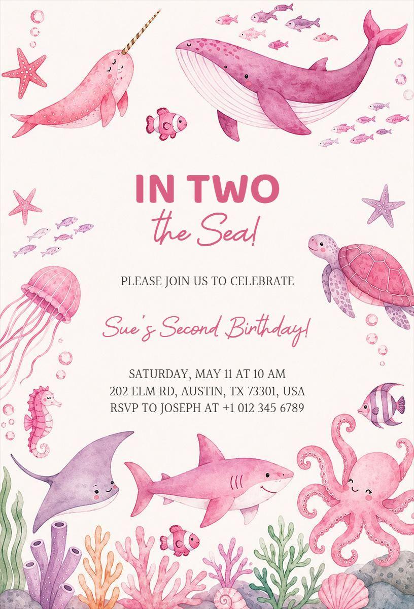 Whimsical Underwater Sea Theme Second Birthday Invitation Template